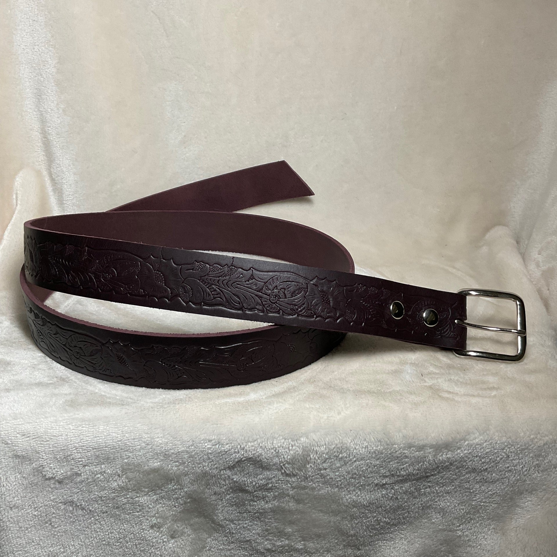 Burgundy Floral Leather Belt | E/R Leather, LLC